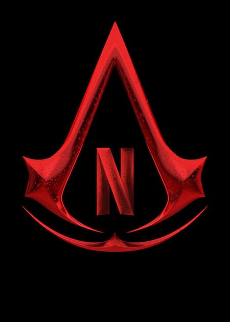 Visuel d’annonce officiel de la série Assassin’s Creed : emblème rouge associé au N de Netflix.