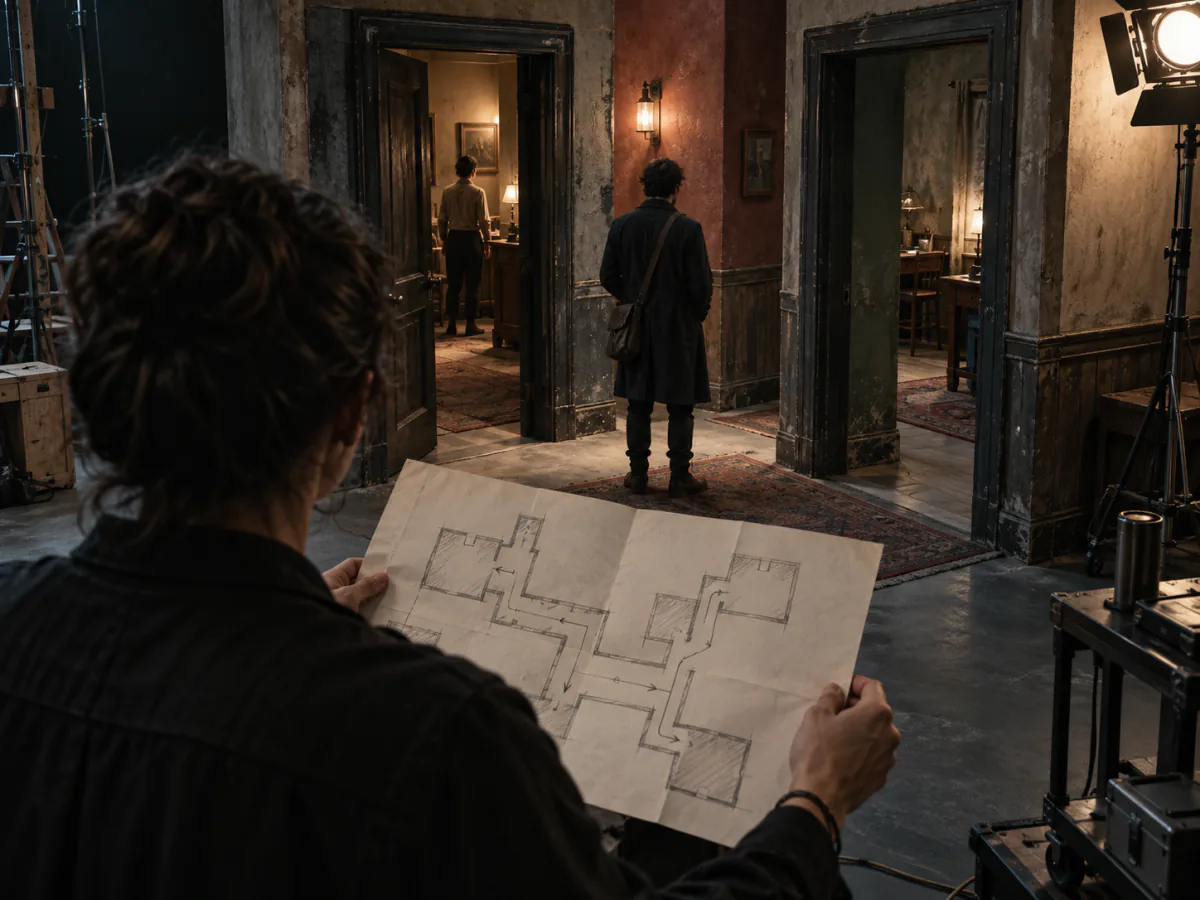 Un plan de niveau tenu devant un décor de tournage où des interprètes occupent deux pièces.