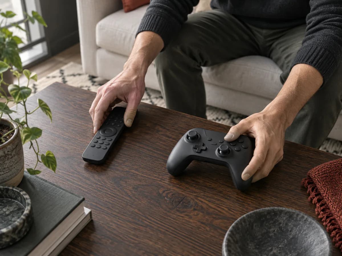 Une personne pose une télécommande et prend une manette sur une table de salon.